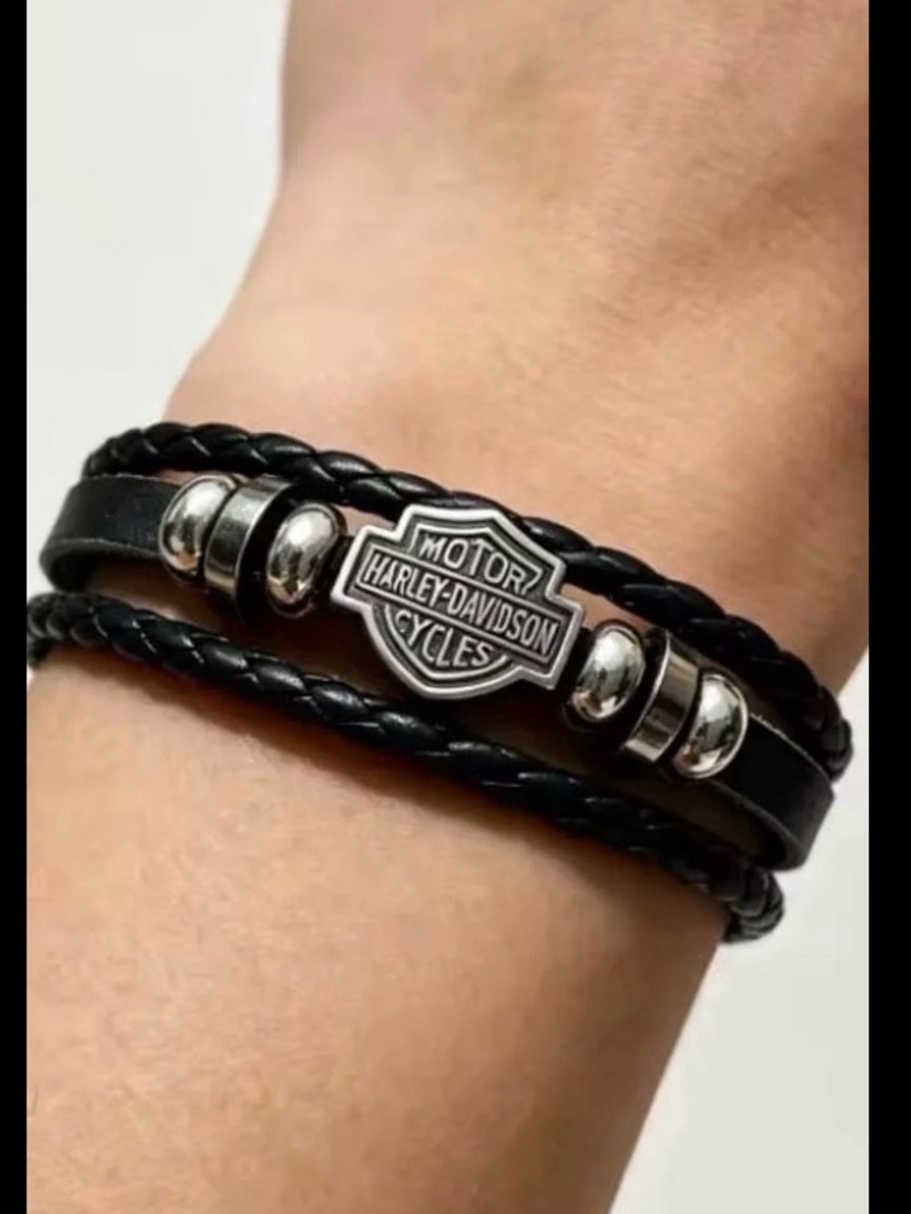 Harley-Davidson Black Leather Multi-Strand Bracelet with Silver Shield